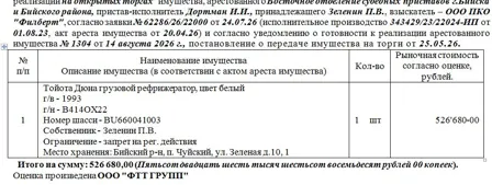 Продажа, Лот№2 Тойота Дюна грузовой рефрижератор, цвет белый г/в – 1993 г/н - В414ОХ22 Номер шасси…