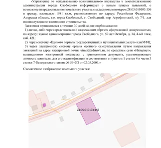 Аренда, земельный участок 1 981 кв.м, ИЖС, г. Свободный, КН 28:05:010103:156