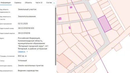 Аренда, земельный участок 802 кв.м, садоводство, пгт Янтарный, КН 39:22:010018:505
