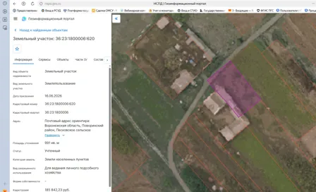 Продажа, земельный участок 991 кв.м, ЛПХ, п. Песковское, КН 36:23:1800006:620