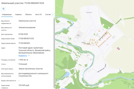Продажа, земельный участок 1 500 кв.м, ИЖС, п. Метростроевский, КН 71:05:060401:533