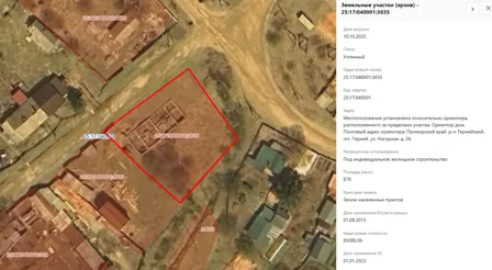 Аренда, земельный участок 878 кв.м, ИЖС, пгт Терней, КН 25:17:040001:3835