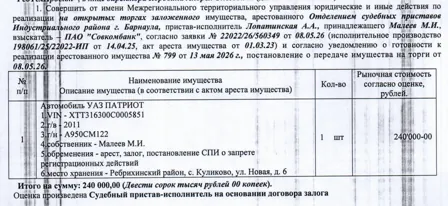 Продажа, Лот№4 Автомобиль УАЗ Патриот, 2011 г.в., г/н А950СМ122, VIN ХТТ316300С0005851. Начальная…