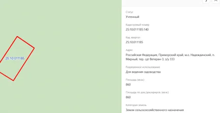 Продажа, земельный участок 860 кв.м, садоводство, п. Мирный Приморский край, КН 25:10:011185:140
