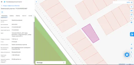 Аренда, земельный участок 1 500 кв.м, ИЖС, г. Ясногорск, КН 71:23:010102:607