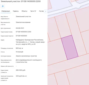 Продажа, земельный участок 800 кв.м, ИЖС, п. Чегем, КН 07:08:1400000:2200