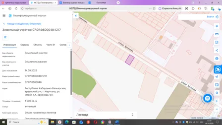 Продажа, земельный участок 1 500 кв.м, Предпринимательство, п. Нарткала, КН 07:07:0500048:1217