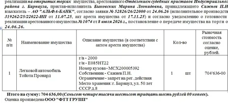 Продажа, Лот№4 Легковой автомобиль Тойота Пронард г/в – 2000 г/н - Е085НТ22 Номер кузова…