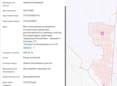Продажа, земельный участок 405 кв.м, садоводство, г. Алатырь, КН 21:03:010607:42