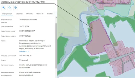 Продажа, земельный участок 145 445 кв.м, с/х, д. Каблуково вблизи, КН 33:01:001027:917
