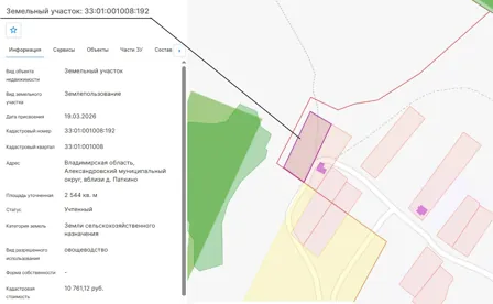 Продажа, земельный участок 2 544 кв.м, Овощеводство, д. Паткино вблизи, КН 33:01:001008:192